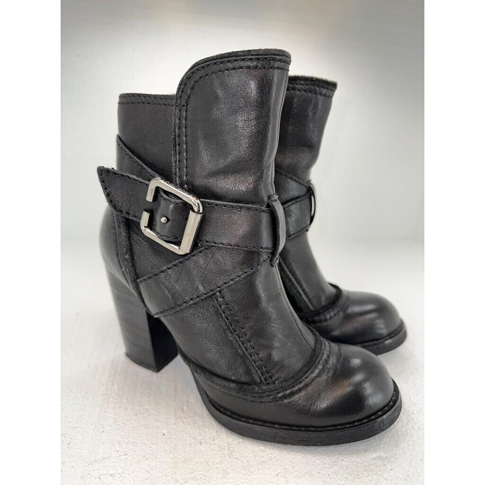 GENTLY USED .. REPORT Valerie Women's SIZE 6.5 BLACK Leather Side Zip Ankle Plat